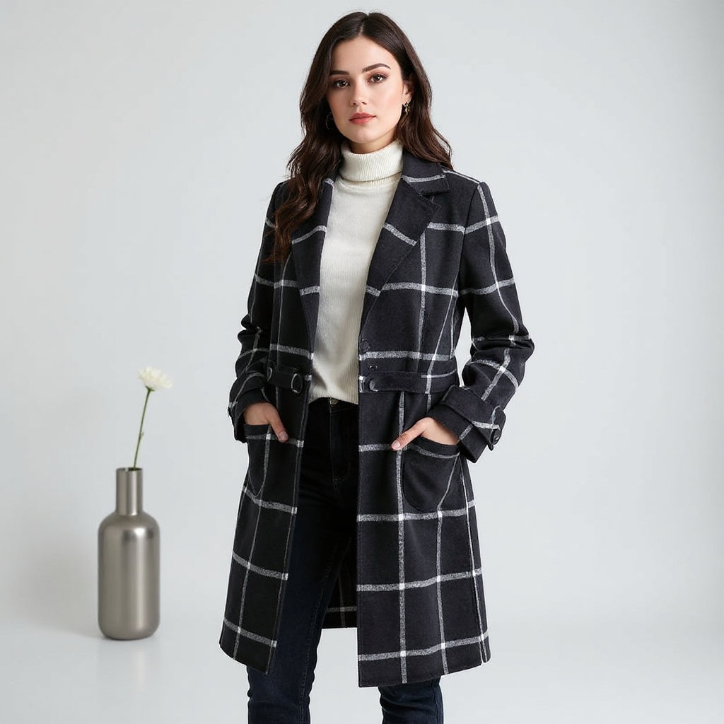 Fiona- Women's Check Tweed Coat with Retro Collar