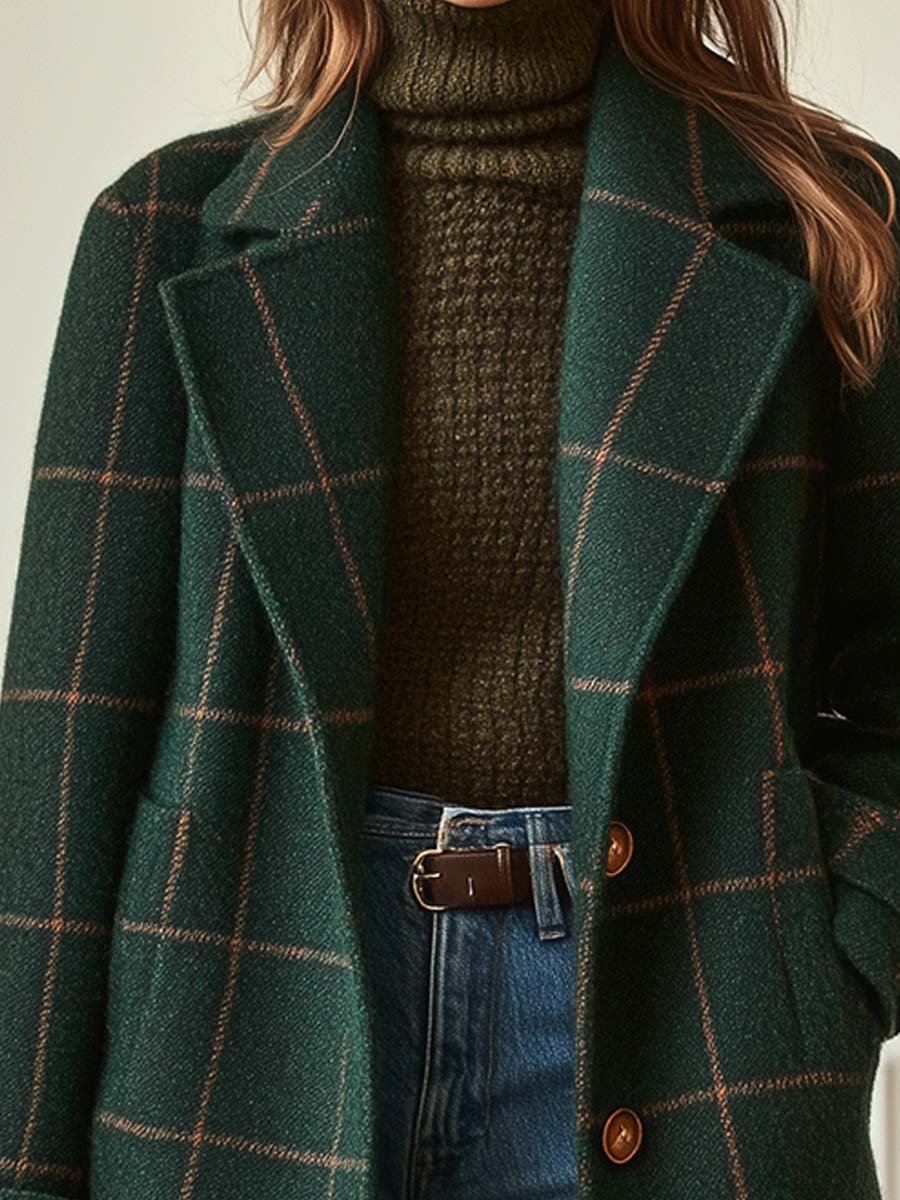 Fiona- Women's Check Tweed Coat with Retro Collar