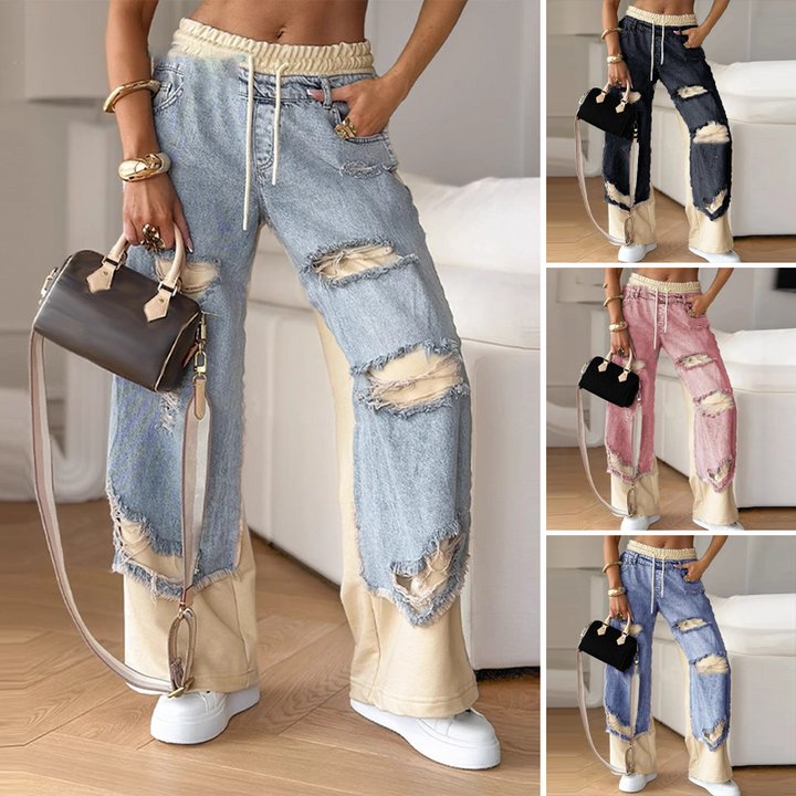 Wide-leg patchwork denim trousers with elasticated drawstring