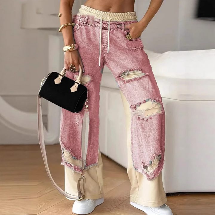 Wide-leg patchwork denim trousers with elasticated drawstring